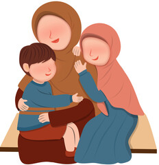 Happy Muslim Family Embrace: Mother, Daughter, and Son
