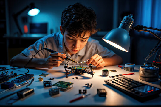 Boy building drone with soldering iron in home workshop