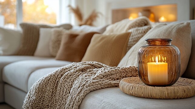 Cozy living room with warm lighting and textures