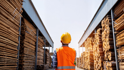 Fototapeta na wymiar Warehouse manager controlling wood timber material in lumberyard