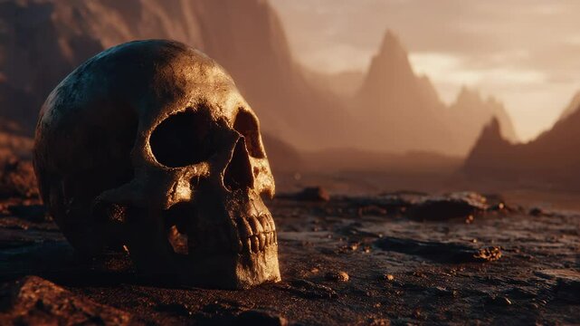 Human Skull in a Barren Landscape: An Exploration of Mortality and Terrain