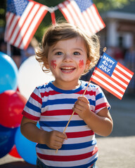 Happy child holding American flag amidst fireworks and sunflowers.