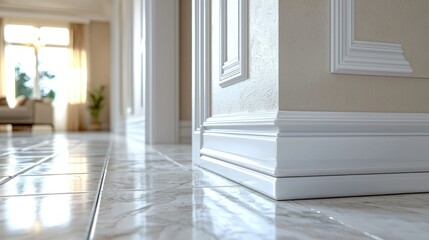 Fototapeta premium Elegant wall corner detail, marble floor, blurred light background