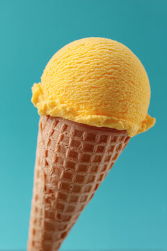 Helado de mango en cono de barquillo sobre fondo turquesa