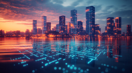 Obraz premium Futuristic Cityscape at Sunset Digital Network Reflection