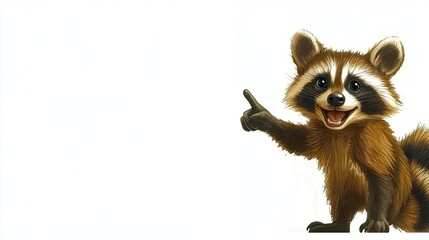 Obraz premium Raccoon smiling pointing finger to the side. space for text. cartoon look. plain white background