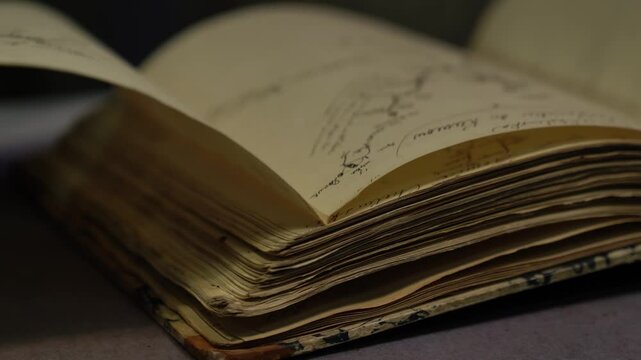 Close-up: An archivist wearing gloves carefully flips through an old handwritten book. Valuable historical document, ideal for themes of research, heritage, and antique preservation