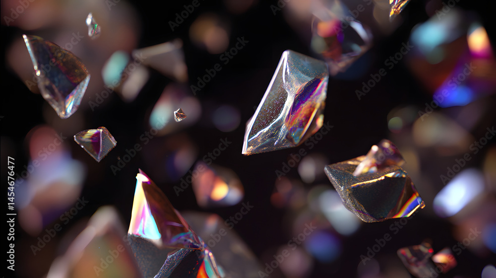 Poster sparkling geometric abstract: a mesmerizing display of translucent, prism-like geometric shapes susp