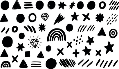 Geometric shape pattern. Brush crayon figure. Abstract seamless background. Black simple shape vector. Paint of organic figure and stroke, bold black white bg,