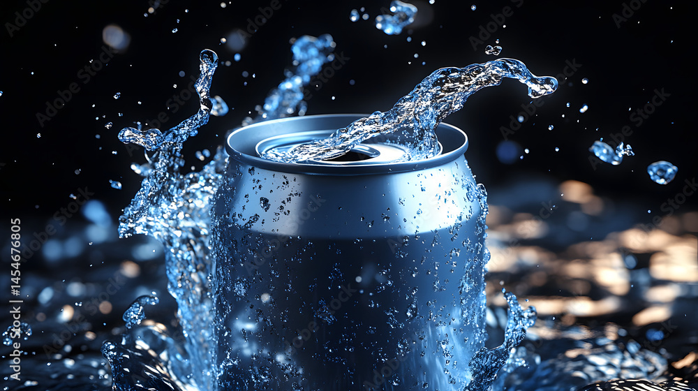 Poster refreshing splash: dynamic close-up of a sleek aluminum can, dramatically splashed by crystal-clear 