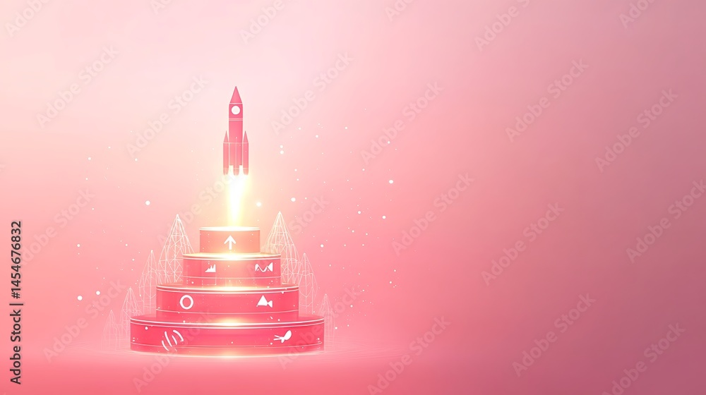 Aufkleber futuristic rocket launching from a digital platform surrounded by abstract technology elements