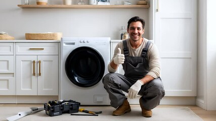 Repairman in uniform beside washing machine, holding tools and confidently posing after completing home appliance repair. Repairman works in bright laundry room, conveying professionalism and trust