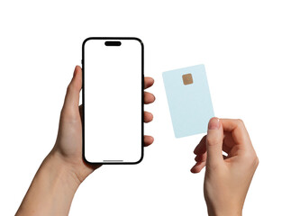 Mobile finance setup. Hand holding smartphone and chip bank card with app screen for credit, loan,