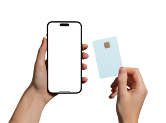 Mobile finance setup. Hand holding smartphone and chip bank card with app screen for credit, loan,
