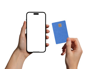 Smartphone with debit card. Hand holding mobile phone and plastic card with screen app for credit,