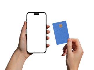 Smartphone with debit card. Hand holding mobile phone and plastic card with screen app for credit,