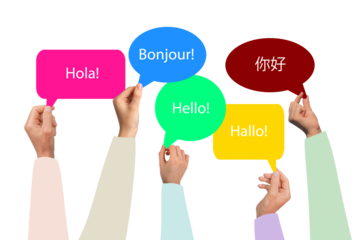 Hands group holding a multilingual speech bubble with Hello in various languages. Spanish, French,