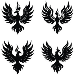 Obraz premium Four Black Phoenix Bird Silhouettes With Spread Wings On A White Background