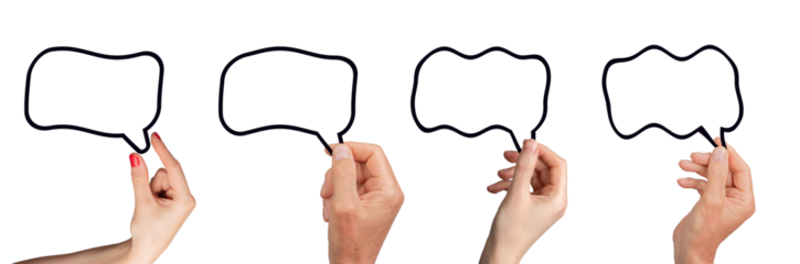 Hand holding an irregularly shaped speech bubble with a linear contour, representing diverse
