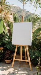 Blank canvas on an easel in a wedding setting with lush plants and flowers in a scenic view