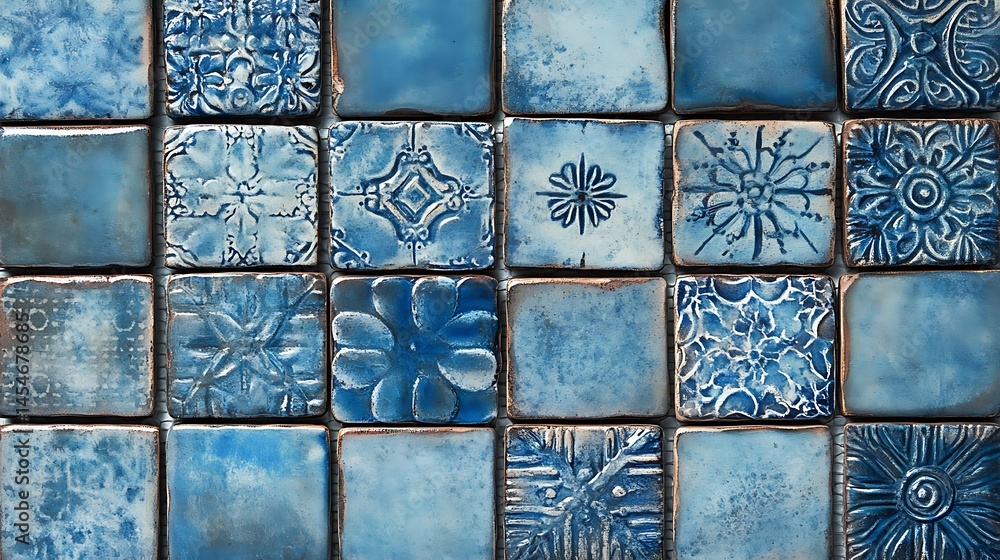 Poster a close-up view of intricately designed blue ceramic tiles arranged in a visually appealing pattern