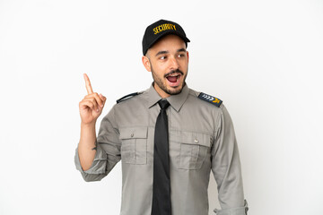 Young security  caucasian man isolated on white background intending to realizes the solution while...
