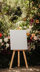 White canvas on an easel in a wedding setting surrounded by beautiful flowers and lush greenery