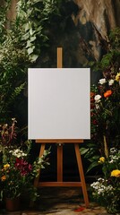 Blank white canvas placed on an easel at a wedding with plants and flowers surrounding the setting