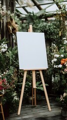Blank white canvas placed on an easel at a wedding with plants and flowers surrounding the setting