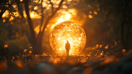 Fototapeta premium Person facing glowing sphere in forest at sunset