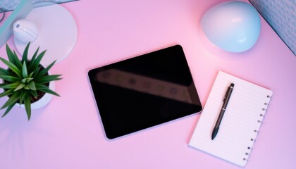 Modern Workspace Aesthetic with Tablet, Notepad, Plant, and Minimalist Lighting on Pink Backdrop