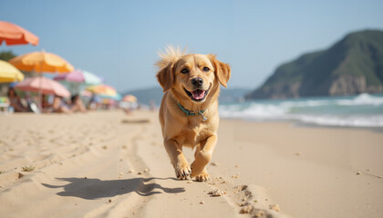 Golden Retriever with a Joyful Mood Running on the Beach Amidst Colorful Umbrellas