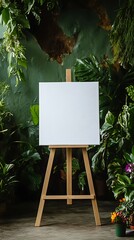 Simple white canvas on an easel with plants and flowers around it in a wedding setting