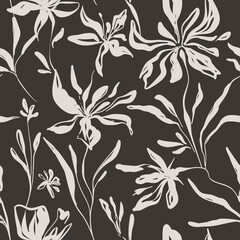 Seamless floral vector laconic black and white ink vintage handmade pattern for fabric design, decor, ceramics, greeting cards, flowers, texture print on a dark background