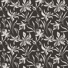 Seamless floral vector laconic black and white ink vintage handmade pattern for fabric design, decor, ceramics, greeting cards, flowers, texture print on a dark background