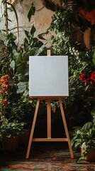 Simple white canvas on an easel with plants and flowers around it in a wedding setting