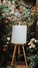 Blank white canvas on an easel as a wedding welcome sign surrounded by abundant flowers and plants