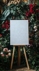 Blank white canvas on an easel as a wedding welcome sign surrounded by abundant flowers and plants