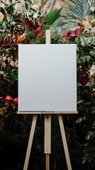 White canvas on an easel at a wedding surrounded by vibrant plants and flowers in the background