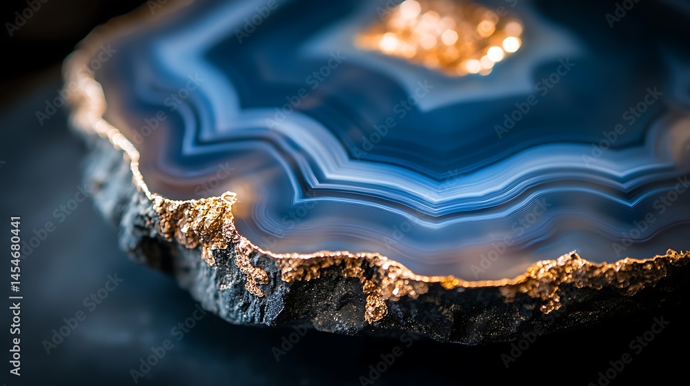 Poster close-up of a stunning agate slice showcasing vibrant blue and gold hues with intricate banding patt