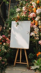 Elegant white canvas on an easel at a wedding with flowers and plants framing the scene