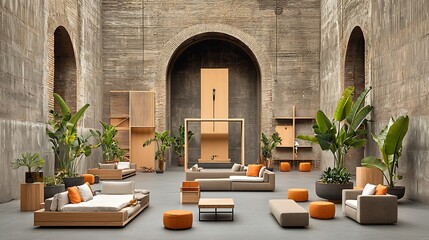 Modern, open-plan living area with natural materials