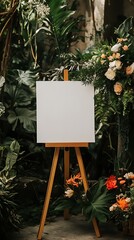 Wedding welcome sign with a blank white canvas on an easel surrounded by flowers and plants