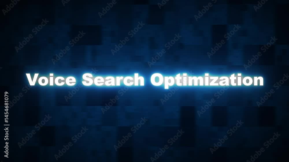 Poster voice search optimization glowing blue color animation on abstract technology background.