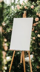 Blank white canvas on an easel surrounded by greenery and flowers at a wedding ceremony