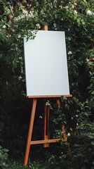 Blank white canvas on an easel surrounded by greenery and flowers at a wedding ceremony