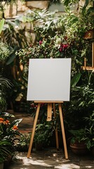 White canvas on an easel surrounded by abundant plants and flowers as a wedding welcome sign
