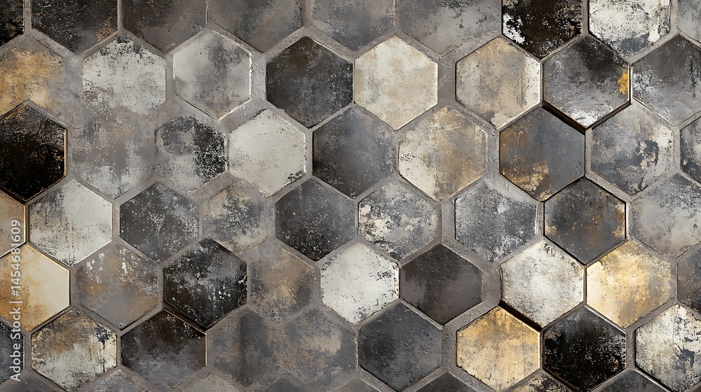 Aufkleber textured hexagonal tiles in varying shades of gray and gold, creating a modern aesthetic for interio