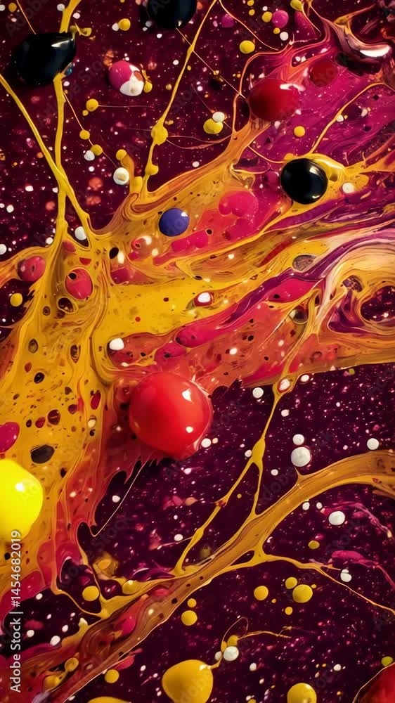 Poster vibrant fluid art painting with splashes, drips, and embedded spheres creating a dynamic abstract de