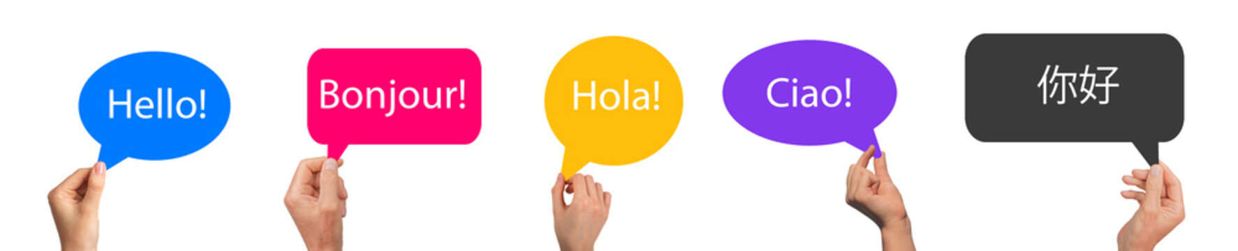 Hand holding a speech bubble with different languages. Hello word in English, French, Spanish,